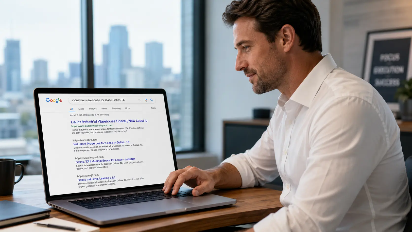 Broker reviewing Google search results for industrial warehouse leasing keywords on a laptop in a modern office