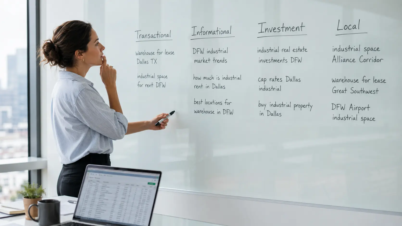 Woman mapping transactional, informational, investment, and local keyword intent on an office whiteboard