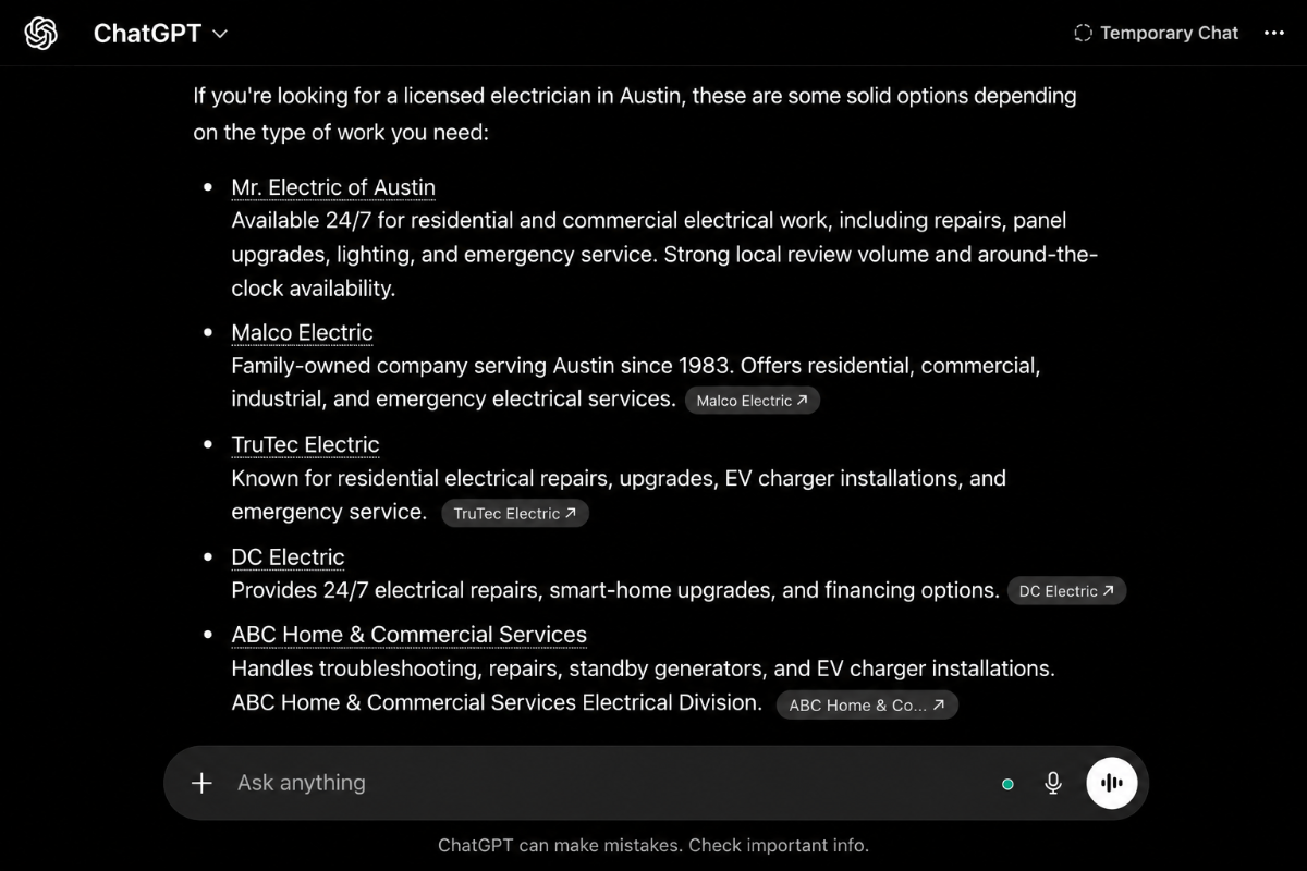 ChatGPT recommending local electricians in Austin TX
