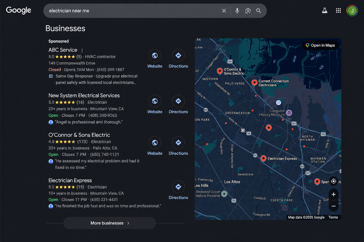 Google Map Pack results for electrician near me