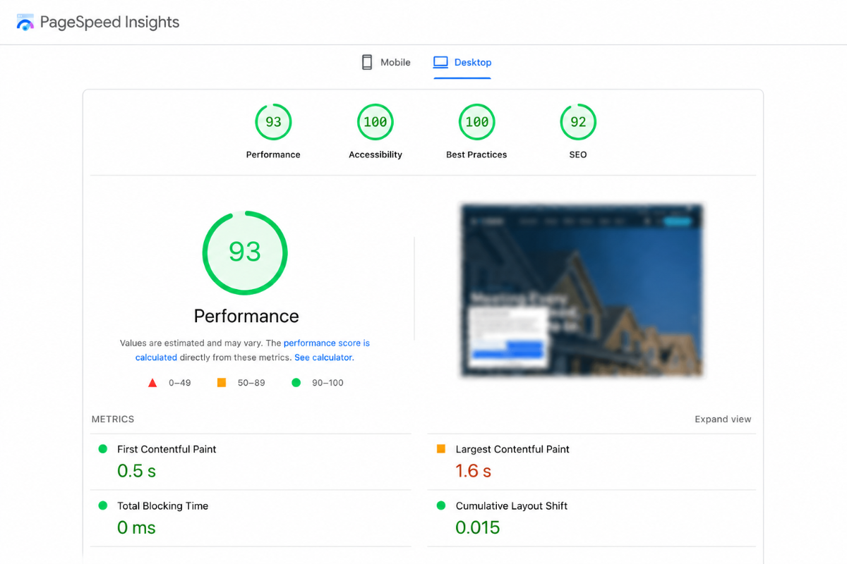 PageSpeed Insights score for an electrician website