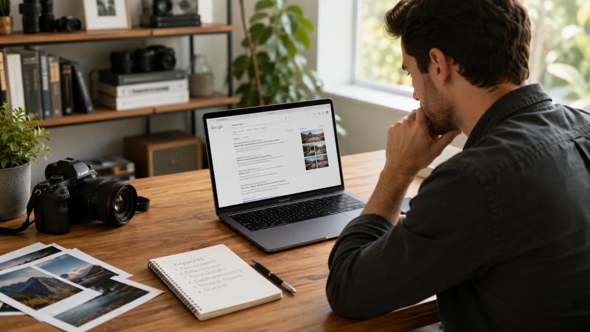 a guy looking at the laptop and doing keyword research