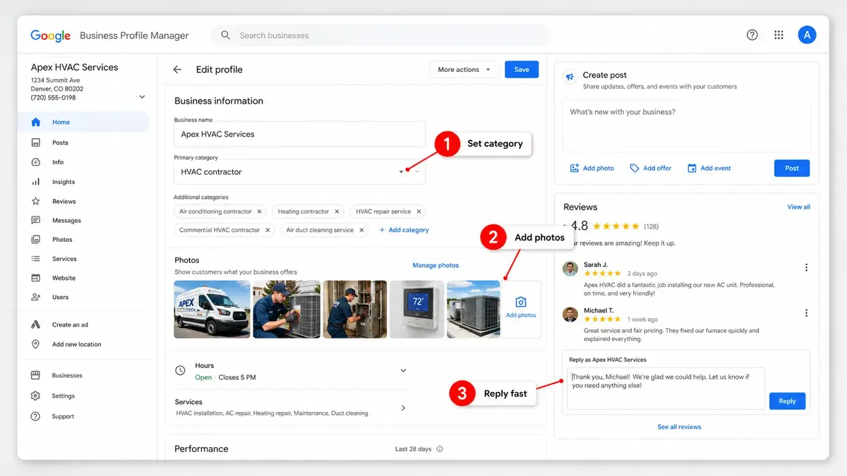 Google Business Profile setup for an HVAC contractor with categories, photos, and reviews highlighted.