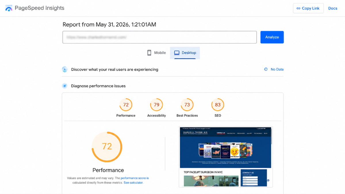 Google PageSpeed Insights desktop score for a plastic surgery website