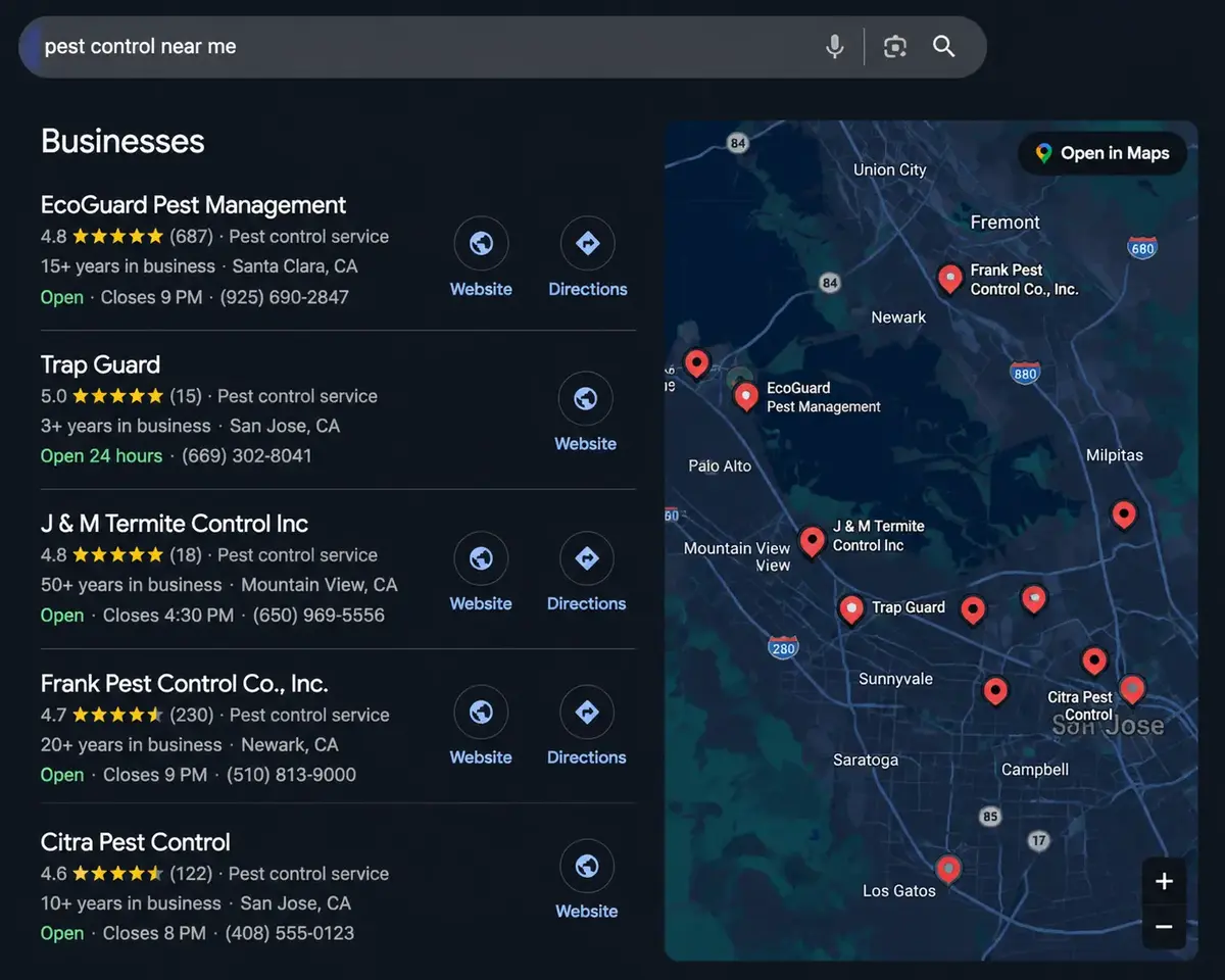Google local pest control listings for a "pest control near me" search.