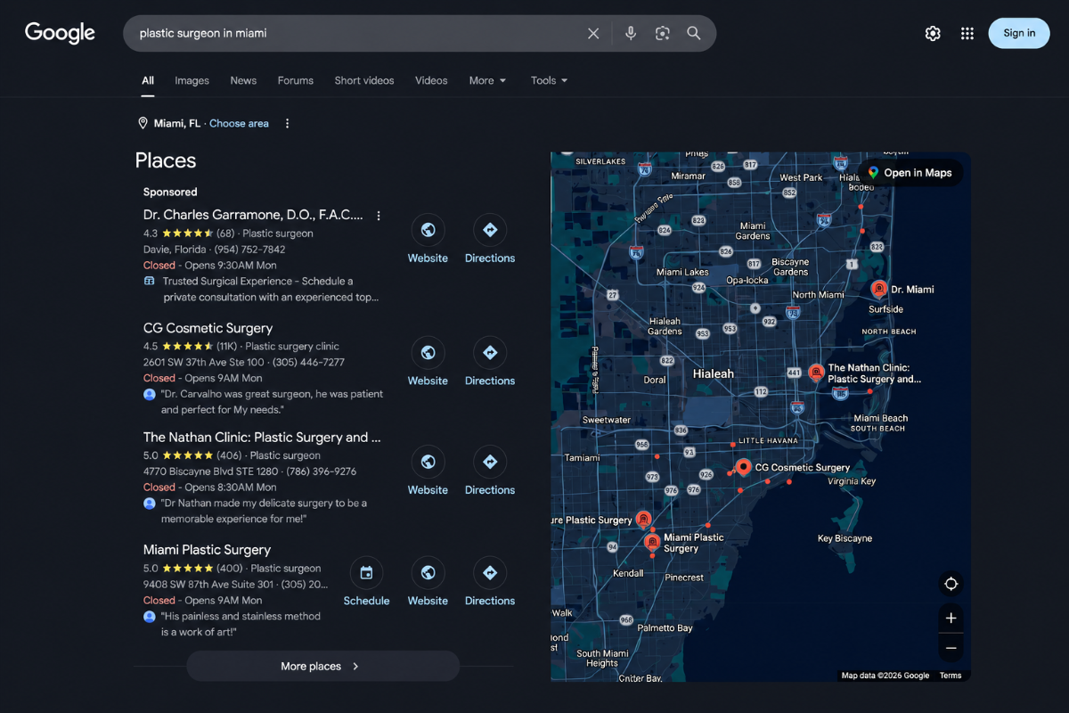 Local Google search results for plastic surgeons in Miami.