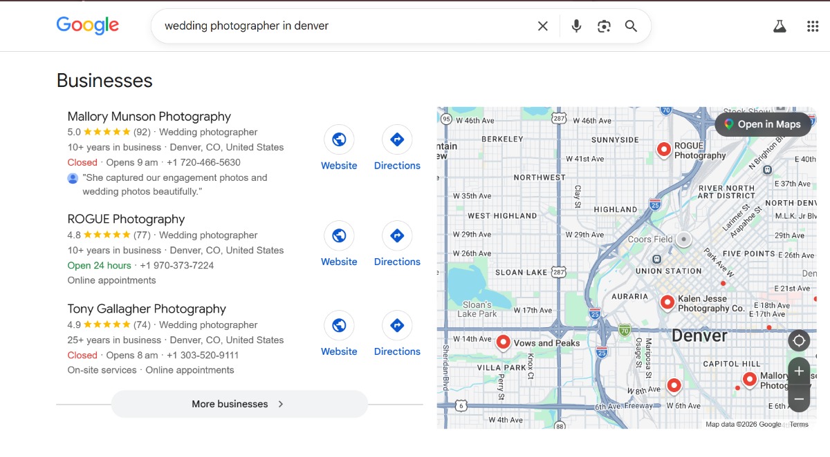 searching "wedding photographs in denver" google search