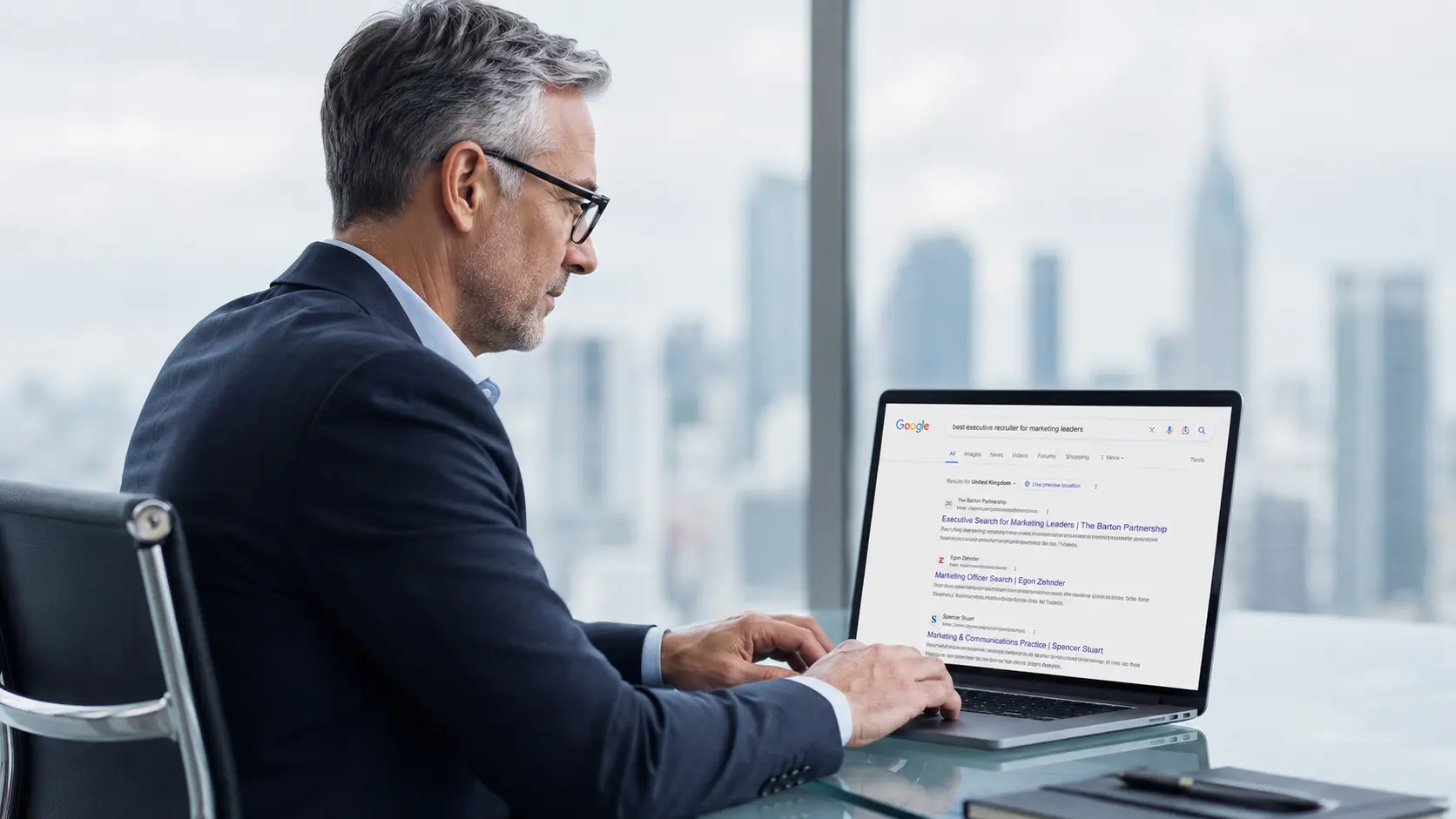 Hiring manager searching on a laptop in a modern office, showing how SEO for recruitment agencies helps clients find recruitment partners online.