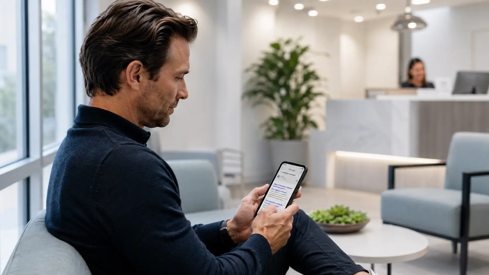 Professional hiring manager searching online in a high-rise office, showing how SEO for Orthodontists helps practices appear when patients look for care.