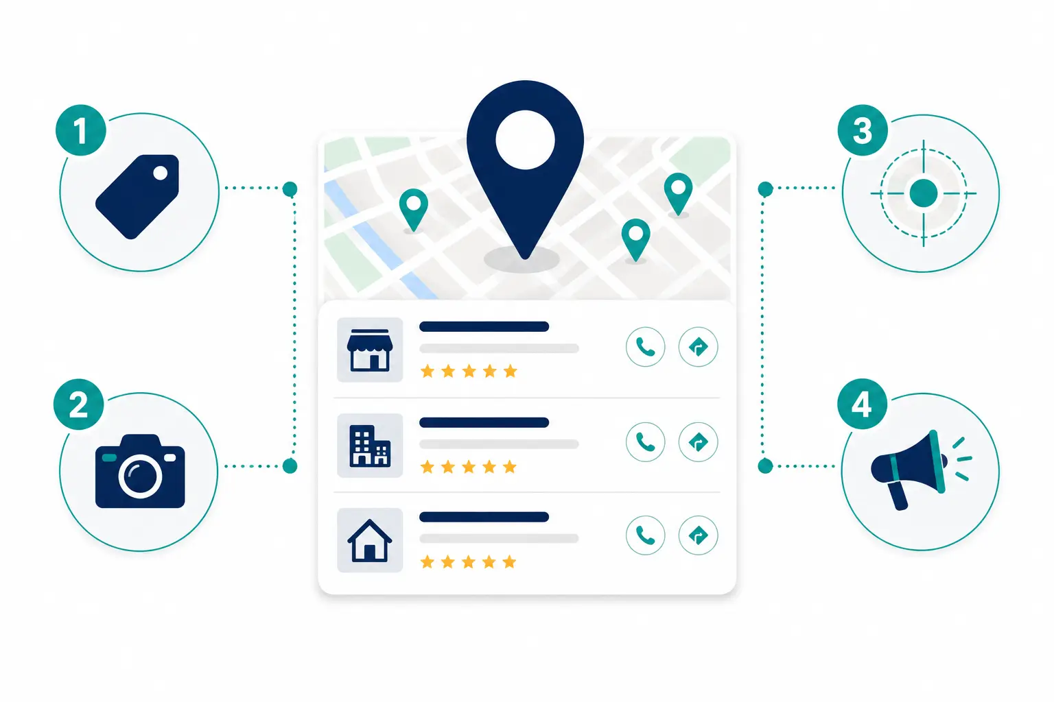 Illustration of local SEO elements for carpet cleaners, including map pins, business listings, reviews, photos, targeting, and promotions.