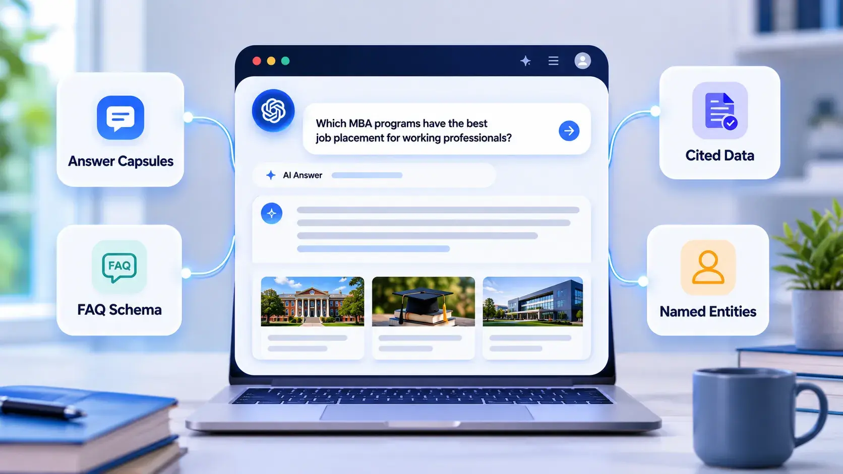 AI search optimization elements including answer capsules, FAQ schema, cited data, and named entities.