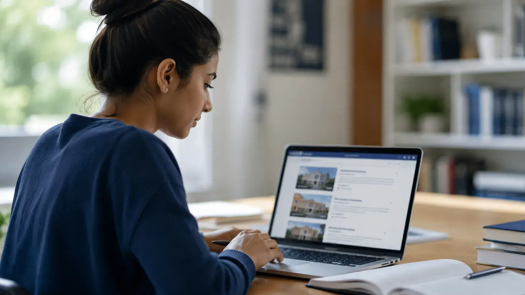 Student researching university programs online.