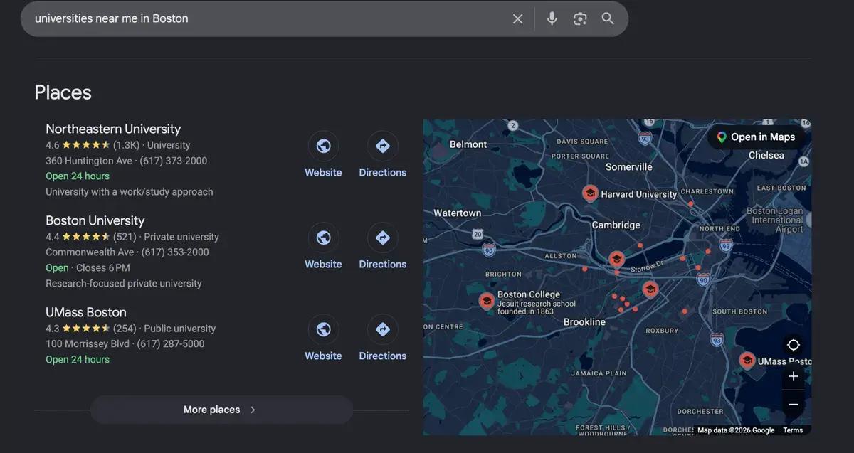 Google local search results showing universities in Boston with map listings and business profiles.