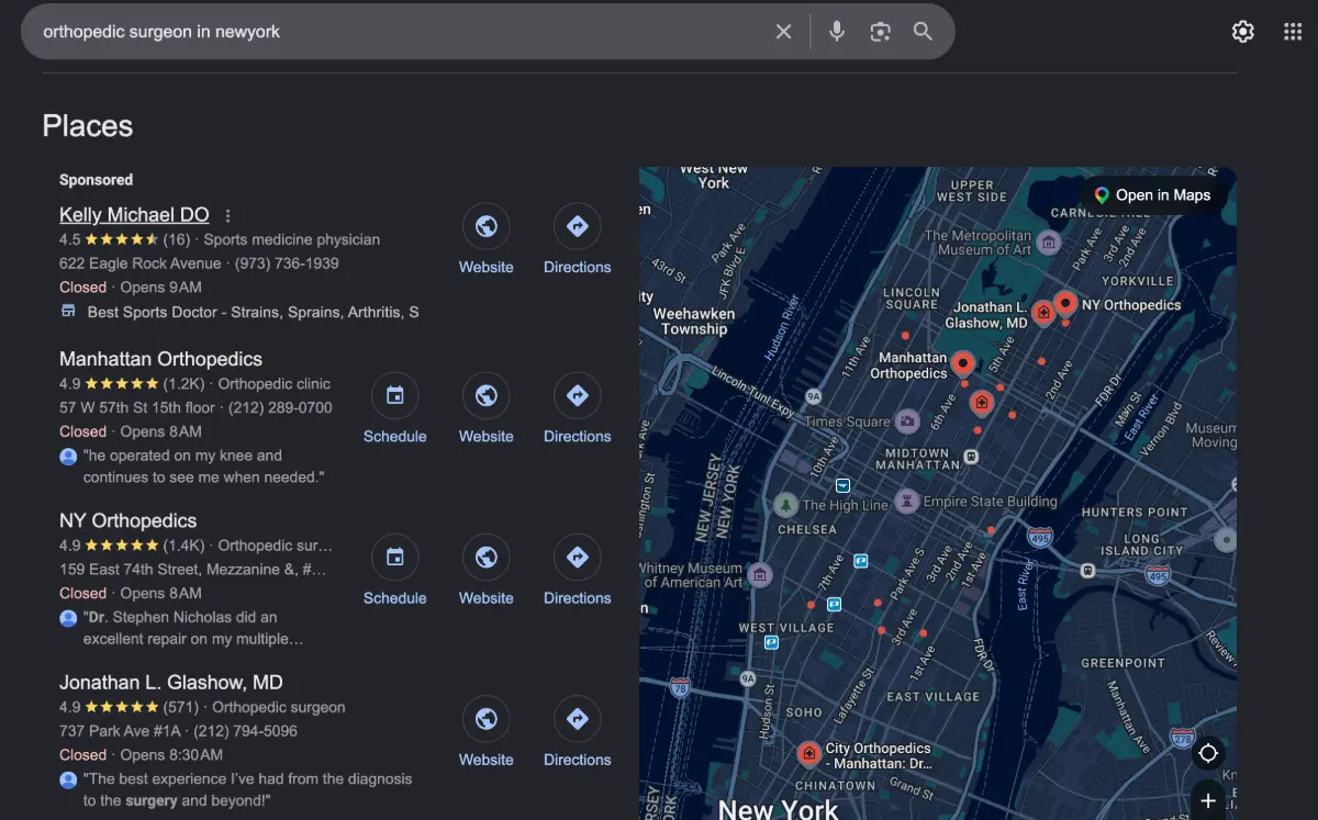 Google Maps local pack showing top orthopedic surgeons ranking in New York with ratings and reviews