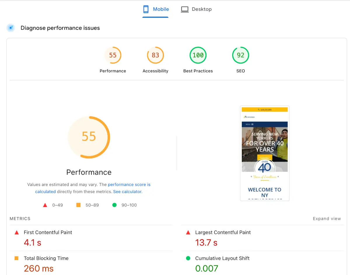 Google PageSpeed Insights report showing a 55 mobile performance score for an orthopedic practice website with slow LCP of 13.7 seconds